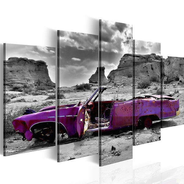 Quadro su tela - Auto in stile retro nel deserto del Colorado: 5 pezzi