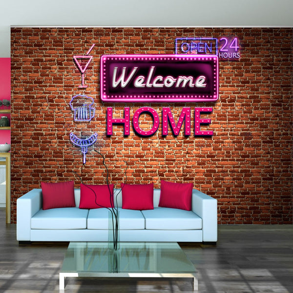 Carta da parati con scritte - Welcome home - pink neon