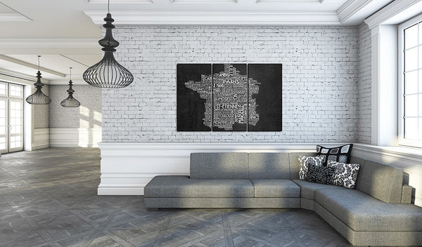 Quadro mappamondo - Text map of France on the black background - triptych